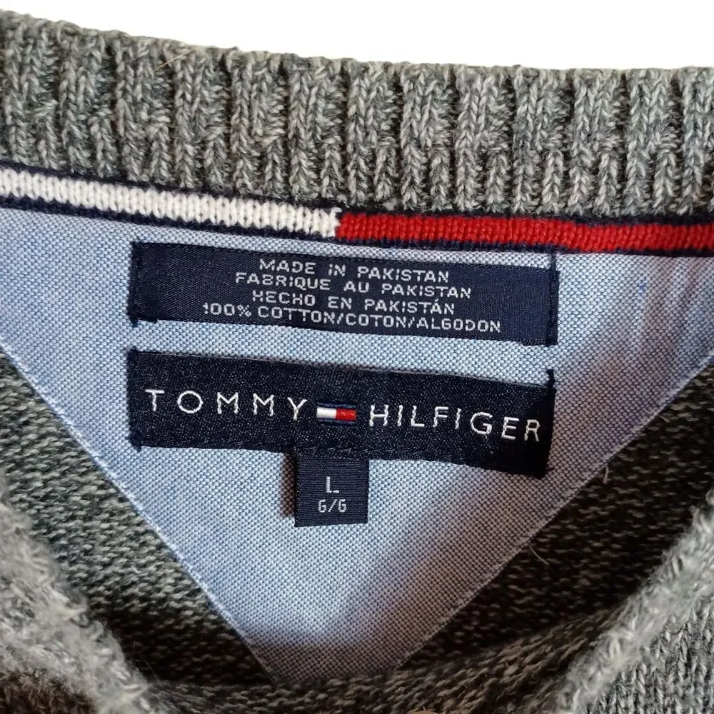 Tommy Hilfiger Sz L Academia Preppy Crew Neck 100% Cotton Grey Embroidered Logo